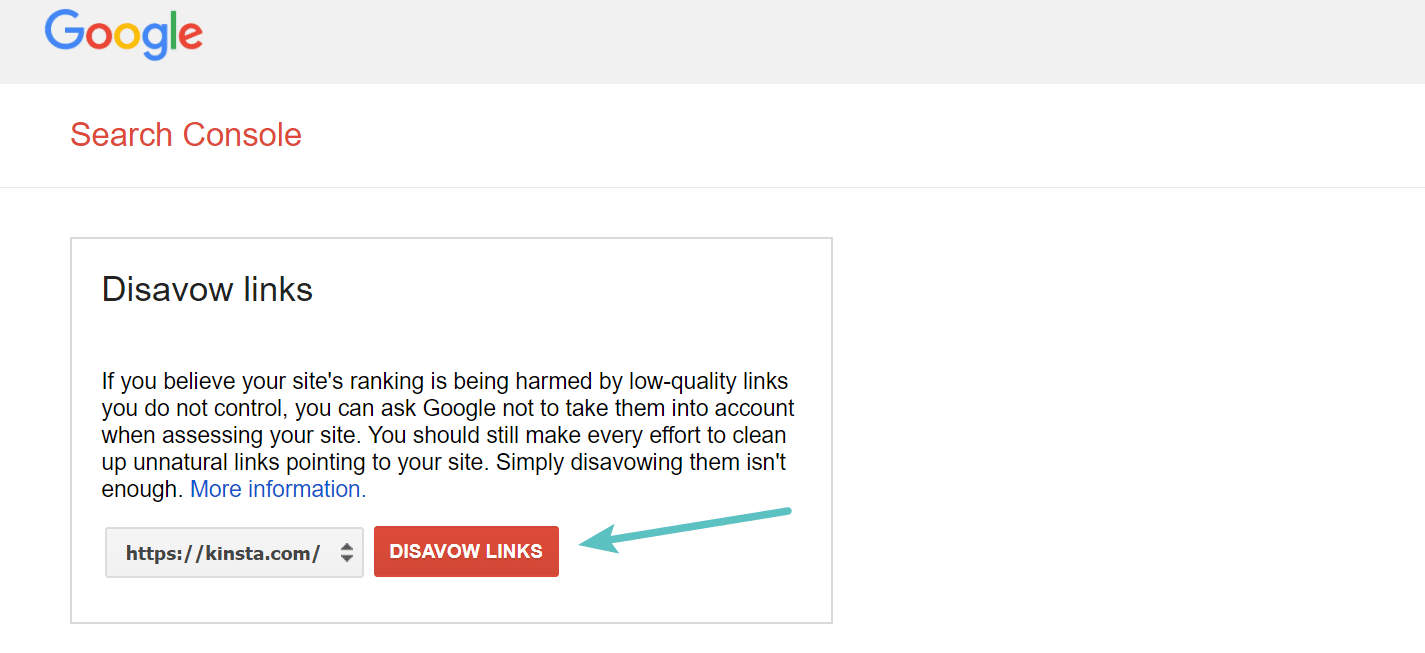 Следующим шагом будет отправить его в Google, используя их   дезавуировать инструмент   ,  Просто выберите свой сайт в консоли поиска Google и нажмите «Отключить ссылки»
